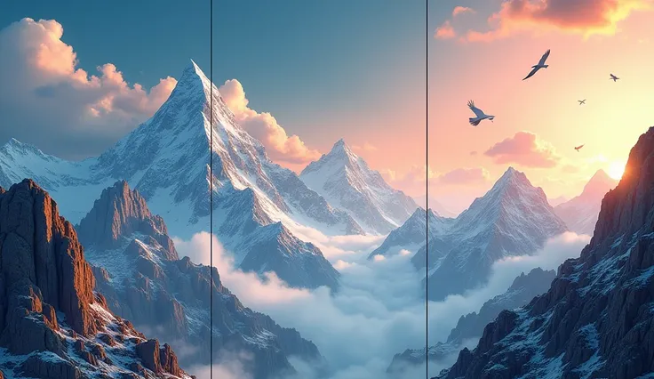 Generate Four panels mountain Wallmate design. Birds, sky, sun ray, earth, Ratio 16:9, high quality, 3d, creative, abstract,