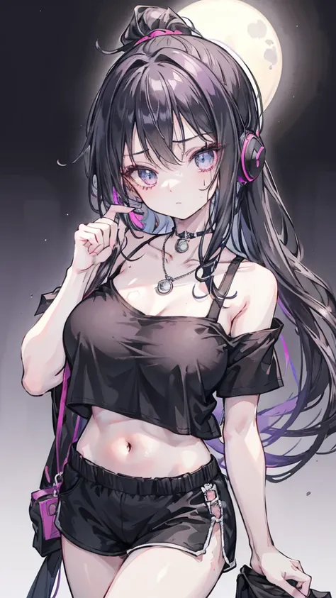 Loose black off-shoulder T-shirt,， Hide one eye, shorts，No shoes, Black bra straps), Silver necklace moon pendant, Pink headphones hanging around the neck, Eye-catching beautiful eyes, purple high ponytail,Loving and playful expression, dance studio,Very d...