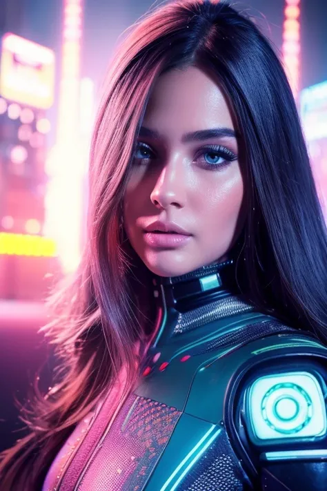 a girl and a boy in a futuristic city, detailed realistic portrait, beautiful detailed eyes, beautiful detailed lips, extremely detailed face, long eyelashes, intricate cyberpunk outfit, colorful neon lights, atmospheric cityscape, glowing skyscrapers, flo...