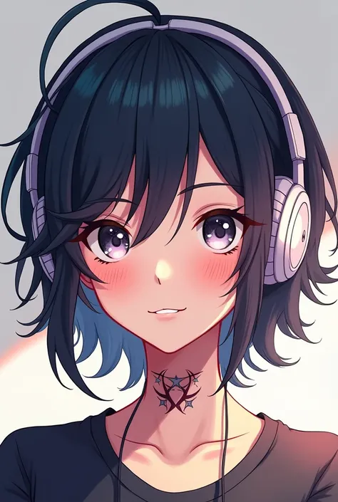 2d anime character face, with headphones, tatto in neck