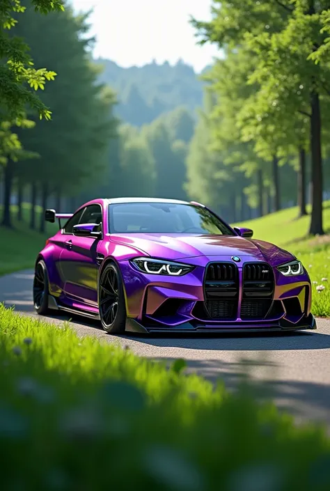 BMW M3 competition purple with green background rear 