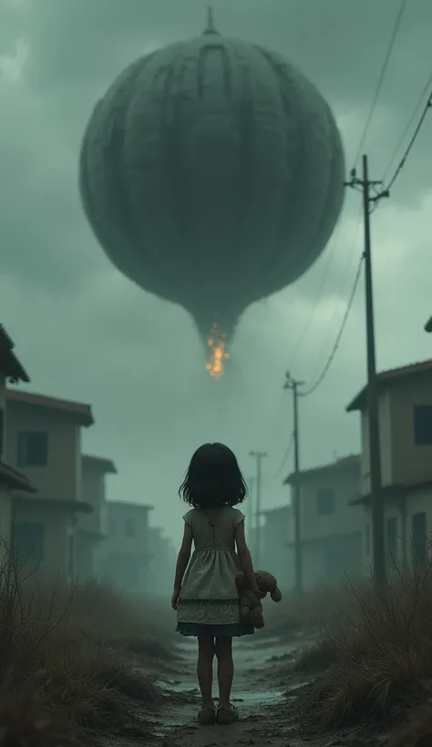 hyperrealistic, back view, girl looks up as a bomb descends from the sky, the child holds a stuffed rabbit in her right hand
