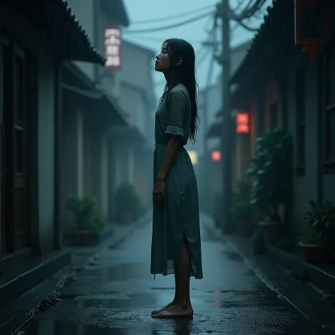 a crying chinese woman in the rain, rain-soaked dress, wet loose hair, wet body, wet arms, wet face, wet low heels, looking into rainy night sky, empty lane, photorealistic, 8k, hyper detailed, moody lighting, cinematic