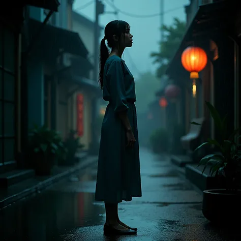 a crying chinese woman in the rain, rain-soaked dress, wet loose hair, wet body, wet arms, wet face, wet low heels, looking into rainy night sky, empty lane, photorealistic, 8k, hyper detailed, moody lighting, cinematic