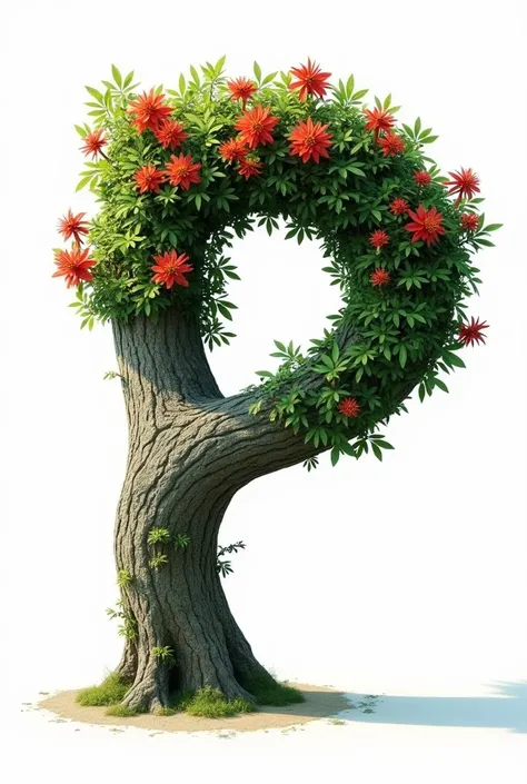 Give me an image of a ceibo tree in the shape of a P on a white background with a small appearance in the center