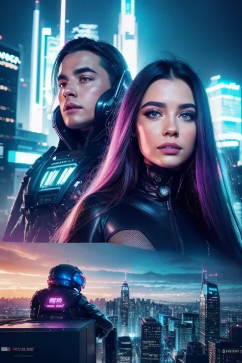 a girl and a boy in a futuristic city, detailed realistic portrait, beautiful detailed eyes, beautiful detailed lips, extremely detailed face, long eyelashes, intricate cyberpunk outfit, colorful neon lights, atmospheric cityscape, glowing skyscrapers, flo...