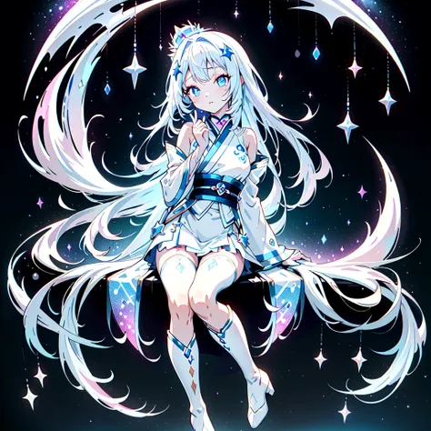 Ultra high definition、Highest detail、Sitting on a crescent moon、A spaceship with a cute rabbit face、Star Fairy、(((1 person)))、Perfect Anatomy、Lower Body Shot、Focus on the boots、vtuber-half、Star Fairy、「Beautifully printed galactic kimonos and goth outfits。、...