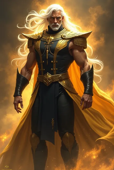 A humanoid man with long, wavy white hair, with an extremely muscular body and wearing black and gold marshal&#39;s clothes and a golden aura around him