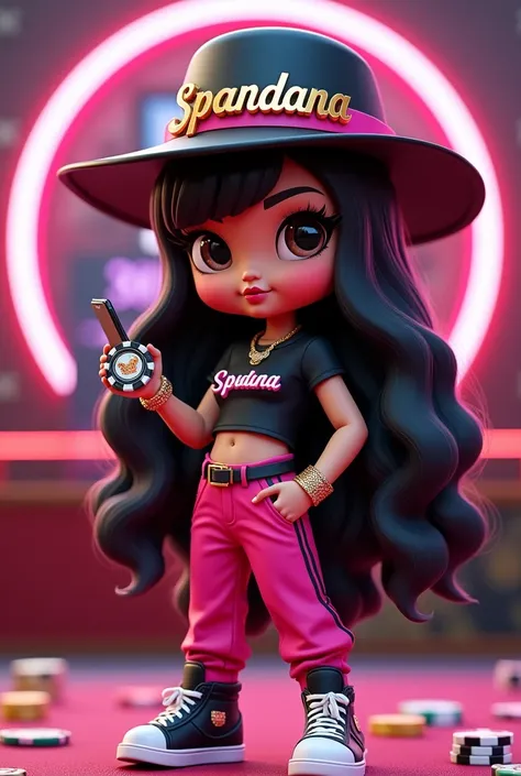 A vibrant and stylish 3D chibi-style illustration featuring "Spandana," a contemporary character exuding confidence in a glamorous casino studio. Her long black hair is elegantly styled beneath a fashionable black and fuchsia hat, emblazoned with her name ...