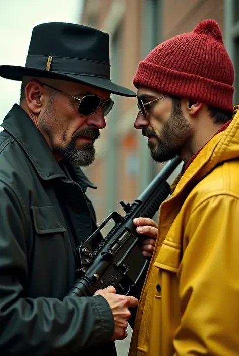 It generates a realistic image of Walter White and a young Jesse Pinkman from the Breaking Bad series., walter white wearing a black hat and sunglasses with an M16, Now Jesse Pinkman with a red wool hat and a yellow jacket and a tec9 machine gun