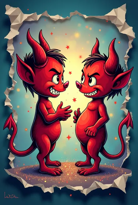 logo mascot little devil arguing with another little devil written CDD with glitter background and crumpled and torn paper