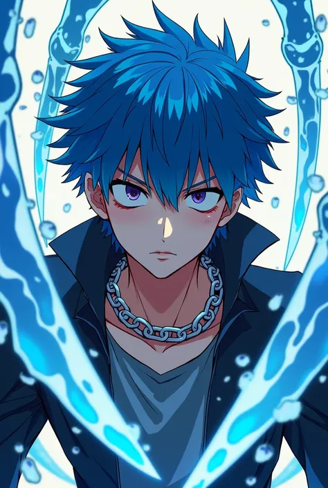 Blue haired young man with dark circles under his eyes with a metal chain around his neck with full body anime style sharp water daggers 