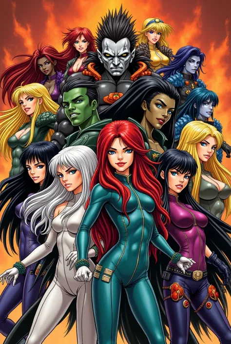 Joe Madureira Style, Long hair, short hair, several girls, Black hair, gloves, 2 girls, green eyes, white hair, Red hair, multicoloRed hair, several boys, two-tone hair, Mask, colored skin, fire, green skin, foreigner