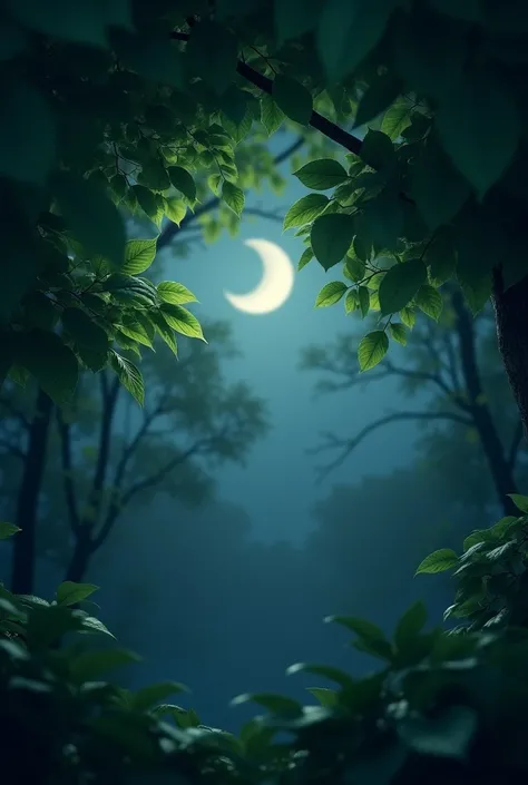 moon visible through tree leaves