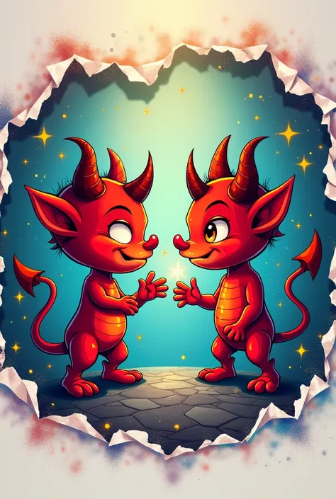 logo mascot little devil arguing with another little devil written CDD with glitter background and crumpled and torn paper