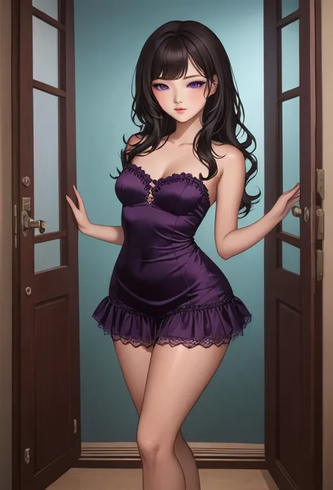 wide hips, attractive long legs, thick thighs,  beautiful eyes, Beautiful body, small breasts, short silk dress underwear, a tempting look, Abs, Plump body shape, long wavy black hair, big purple eyes, ulzzang, full body, Bewitching pose, thick calves, Sli...