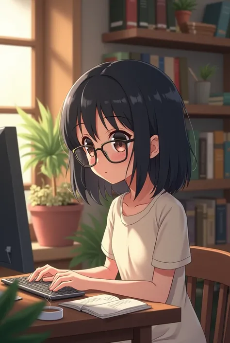 Anime girl with glasses and medium black hair with computer books working , cafe y asteatic