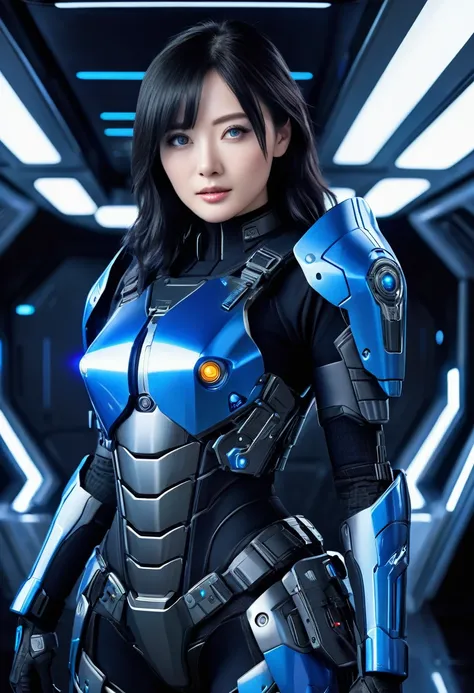 A female police officer wearing exoskeleton cyber armor, The armor fits snugly、He has a plasma gun in his hand., Full Body View, Maximum details, Detailed drawings and excellent quality, 8k,chest, blue eyes, blue eyes, Take a look, Take a look, High resolu...