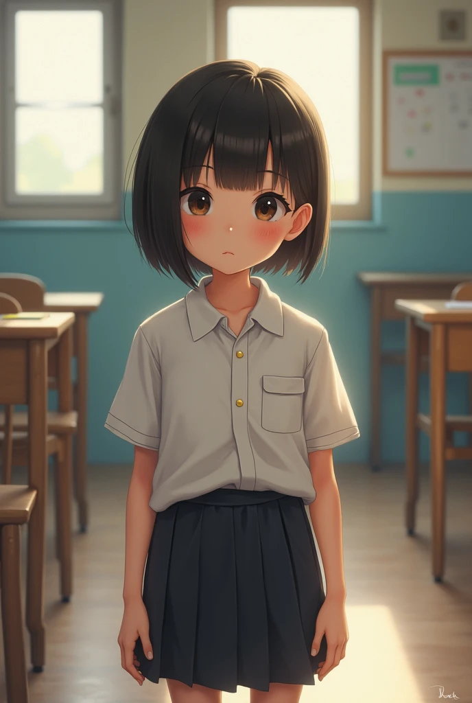 short haired young girl, white skin, school uniform, medium breasts and medium butt and wears baggy clothes 