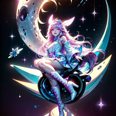 Ultra high definition、Highest detail、Sitting on a crescent moon、A spaceship with a cute rabbit face、Star Fairy、(((1 person)))、Perfect Anatomy、Lower Body Shot、Focus on the boots、vtuber-half、Star Fairy、「Beautifully printed galactic kimonos and goth outfits。、...