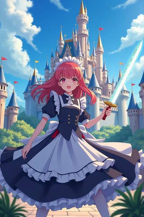 Create a Sylpha Anime Storybook - The Anime Storybook, kimama ni majutsu wo kiwamemasu standing in front of a castle in her signature maid outfit while wielding her sword