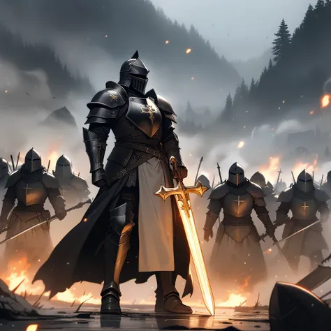 KNIGHT CRUSADER, HELMET, POINTY CRUSADER HELMET, GREAT HELM, GREAT HELM WITH A CROSS, FLAT GREAT HELM, FLAT GREAT HELM WITH A CROSS, FLAT CRUSADER HELMET, armor, black armor, gold lining, holding a glowing sword by the handle, fog, dead knights on the grou...