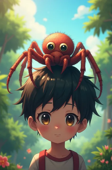 A cute spider with big eyes and those eyes are sparking and he stand on anime boys head 