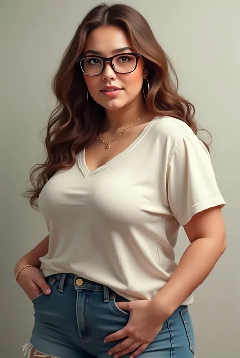 Play the following images my girlfriend with 1,73 tall weighing 90 kilos half fat with big breasts big ass wavy brown hair wearing glasses remove some of the belly now make her look like a teenager but with the same characteristics a little bit fat and hot...