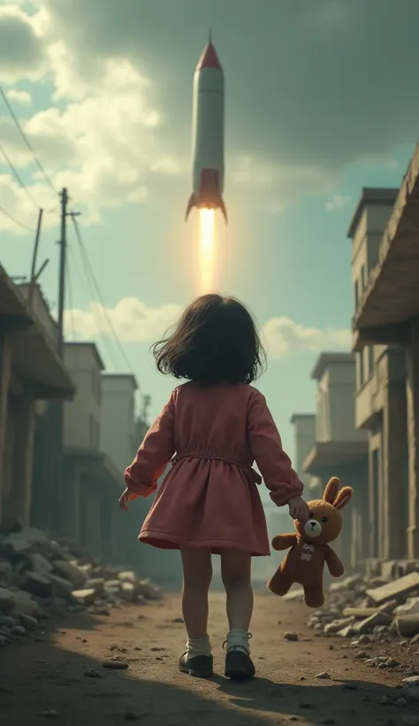 Back view, very realistic, girl looks up to a bomb rocket comes down from the sky towards to her, the girl holds a stuffed rabbit in her right hand
