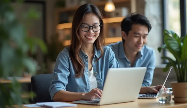 Asian woman happily doing web design on a computer