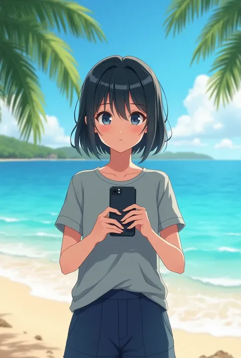 A beautiful young girl with short black hair, wearing a gray T-shirt and navy blue shorts, holding a smartphone, standing on an Okinawan beach, (best quality,4k,8k,highres,masterpiece:1.2),ultra-detailed,(realistic,photorealistic,photo-realistic:1.37),beau...