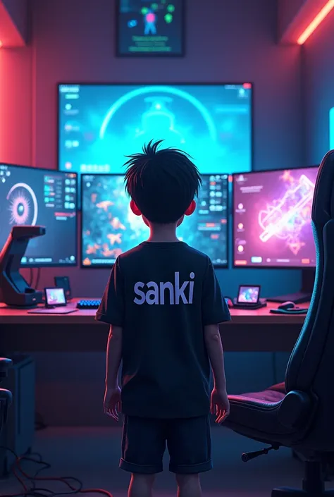 A  boy in standing a gaming room with amazing setup wearing a Tshirt having written SANKI on its back , picture from back side