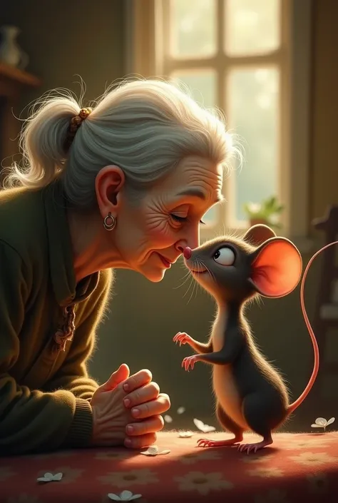 A mouse kissing an old woman
