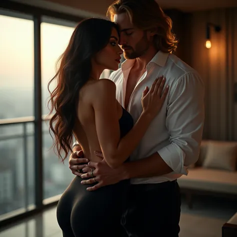 A couple, a very beautiful girl with long jet black hair, blue eyes, white skin, super detailed, wearing a long, tight black dress, hugging a super tall, very muscular, very handsome and manly man, with very long light brown hair, hugging the girls buttock...