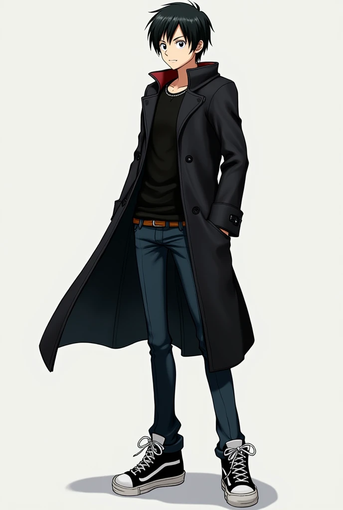 from one piece he is dark-haired, has short hair, is wearing a black coat, is wearing jeans and black sneakers and is short