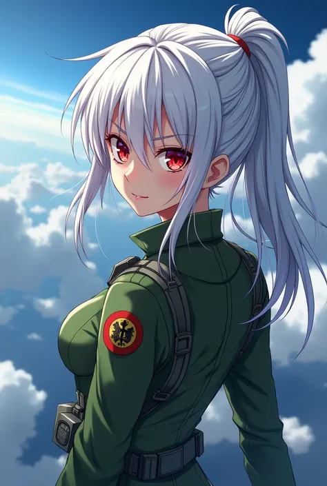 Ace combat ,Anime girl White hair and red eyes, Air Force Pilot suit (Green)