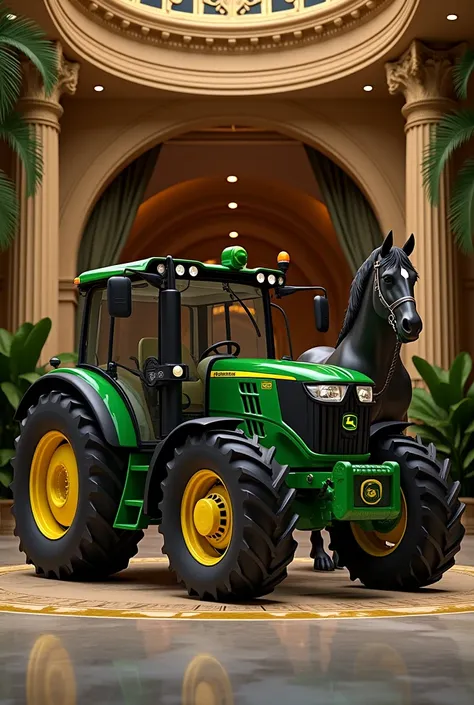 John Deere tractor 6120B with a standing horse with luxury background 