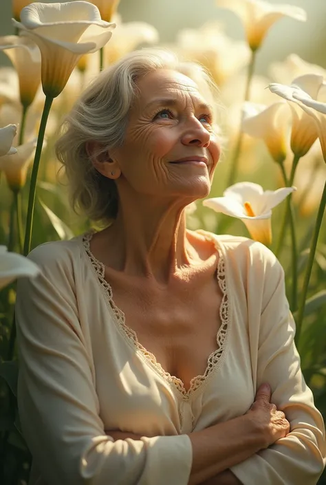 creates an image of an elderly woman from the front, sculpted with a calm expression sitting with his arms crossed, Bare shoulders. This figure is inside a calla lily flower, The environment suggests an abstract or spiritual space, where the figure seems t...