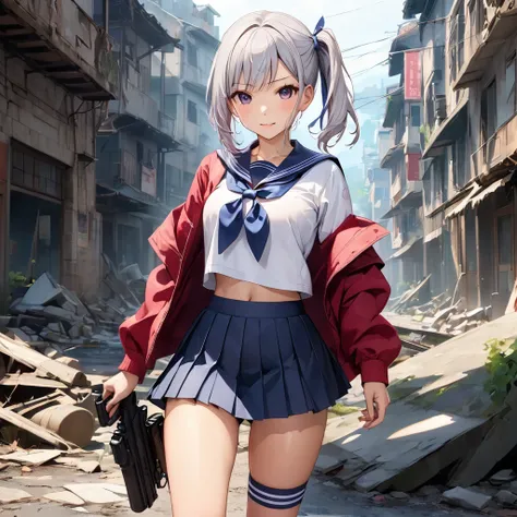 （（Heavily Armed High School Girl PLAMAX HH-01 Ichi：1.5））++、（8k ultra high quality）、（masterpiece：1.2）、（Ultra-detailed equipment）、A confident beautiful girl、１people、battlefield、During combat、Abandoned city background、Dynamic Effects、Sailor-style combat unifo...