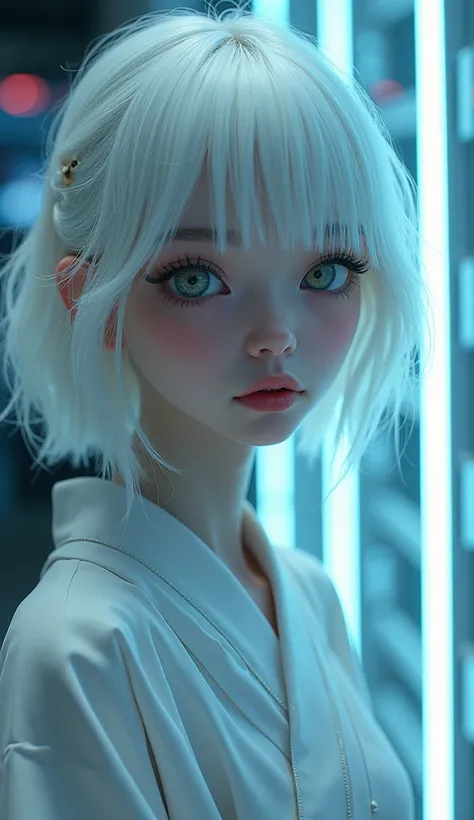 Beautiful short white hair girl。Fluffy and voluminous hair。White skin。Big slanted eyes。The left and right eyes are different colors。Foxy face。Long eyelashes。Wearing white kimono。Cyberpunk。