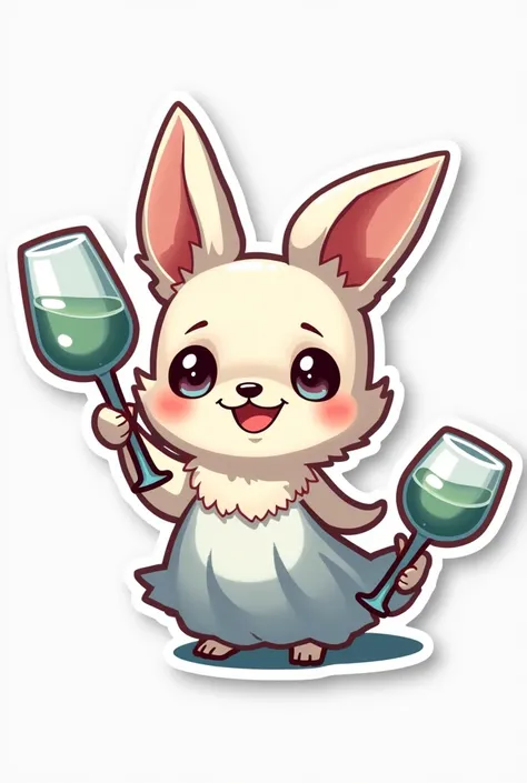 Digital 2D artwork, Sticker Style, Chibi Style, Cute chihuahua in a white cabaret dress, Waiting for champagne glasses, Happy Face, Big and pretty eyes,,Simple white background