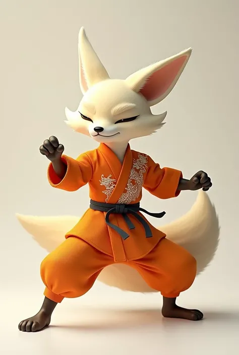 A anthropomorphic cream color fox. Wearing a Orange martial arts outfit with dragon designs. Doing a kung-fu pose. 