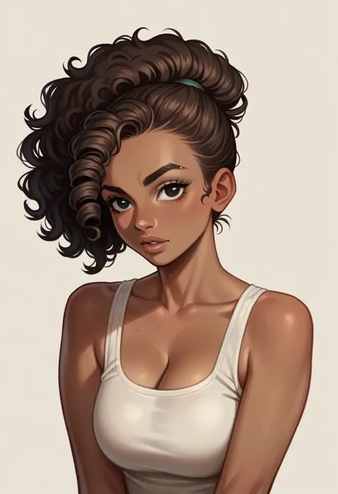 slim thigh, huge tits, curly hair, african curly hair, brown hair, medium brown skin black girl, medium sized pouty lips, ponyta...