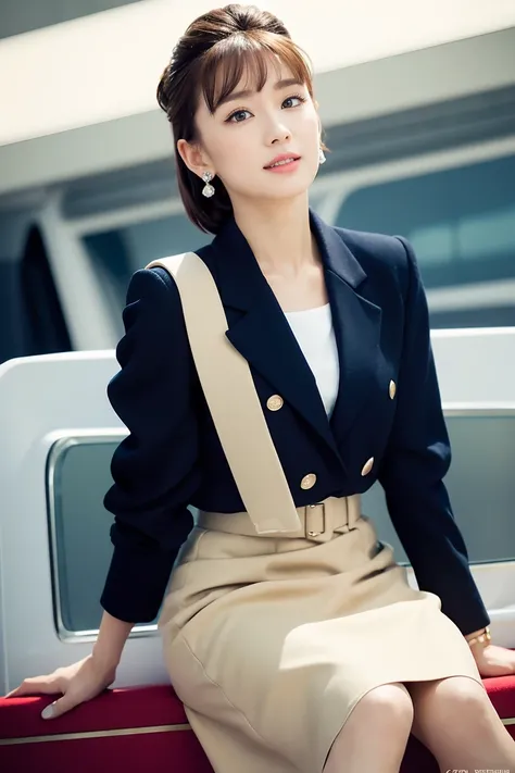 Show me the woman who will amaze everyone..、Women like Audrey Hepburn、Looks like Grace Kelly、Fitted navy blue striped pattern、The collar should be a little more open、Looking up from the waist、Shortcuts、Bob Hair、He looks very happy、Looking straight ahead wi...