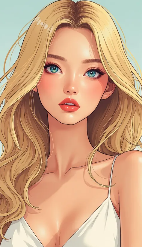 Korean comics, Beautiful blonde supermodel, Gazing dreamily at the camera,  Thick outline, Flat Color, whole body