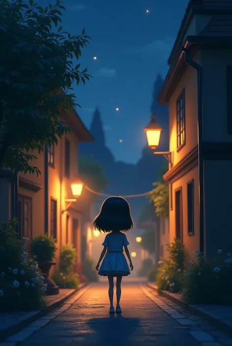 Girl midnight walk little bright street with young girl 