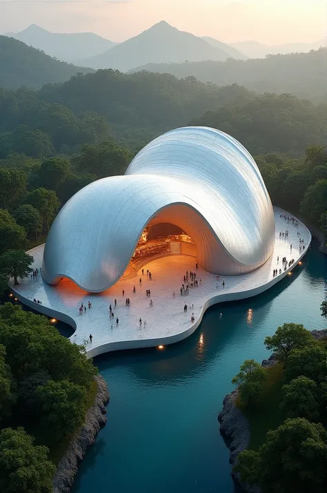 aerial perspective of a clamshell inspired performing arts center. 