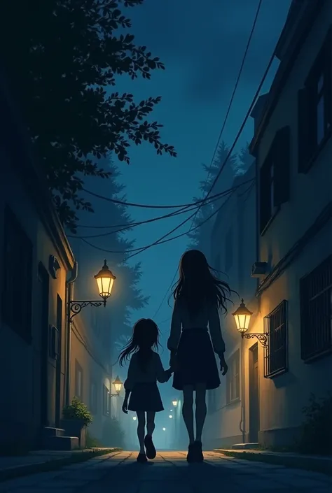 Girl midnight walk little bright street with older girl 