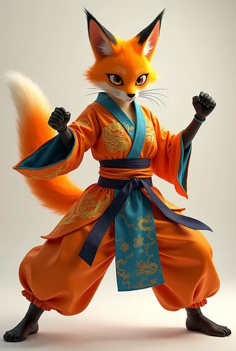 A anthropomorphic bright orange vixen. Wearing a Orange, blue, and gold kimono with a gold dragon image on chest. Doing a karate pose. 