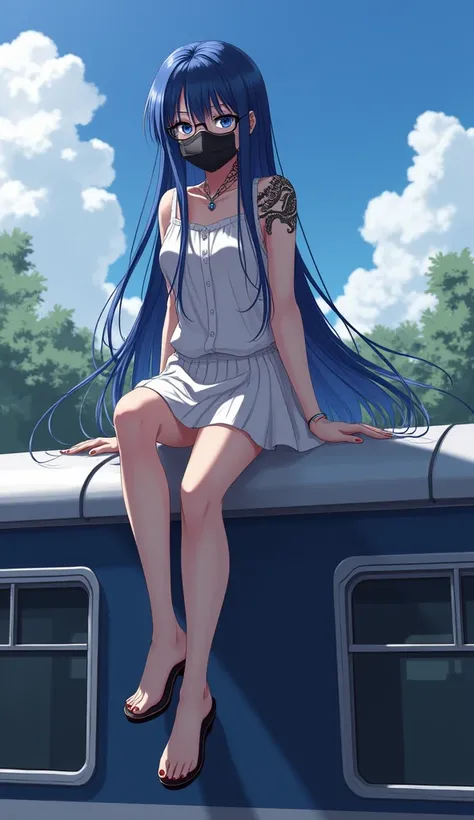 Dark blue haired girl, Wear glasses, There is a tattoo of a Chinese dragon on the left side of his neck, holding his left hand., Sitting on the roof of a train , (มีchestอวอิ่ม), (Has a plump bow), Masterpiece, Best quality, Anime, สไตล์Anime, Background o...